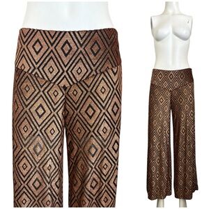 Anna Sui Geo Diamond Pattern Shimmering Bronze Velvet Wide Leg Pants Sz 2